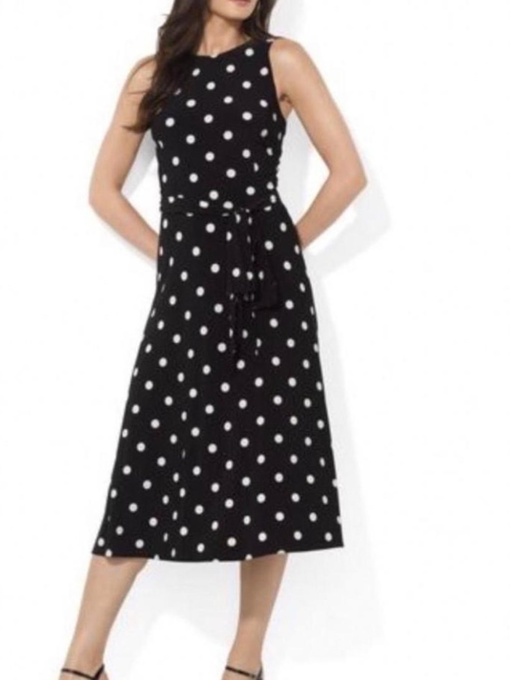 NWT Lauren Ralph Lauren Black White Polka Dot Belted Midi Dress Sz 4 Retro